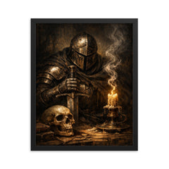 Memento mori knight beside extinguished candle framed print on a plain backdrop in size 16"x20".