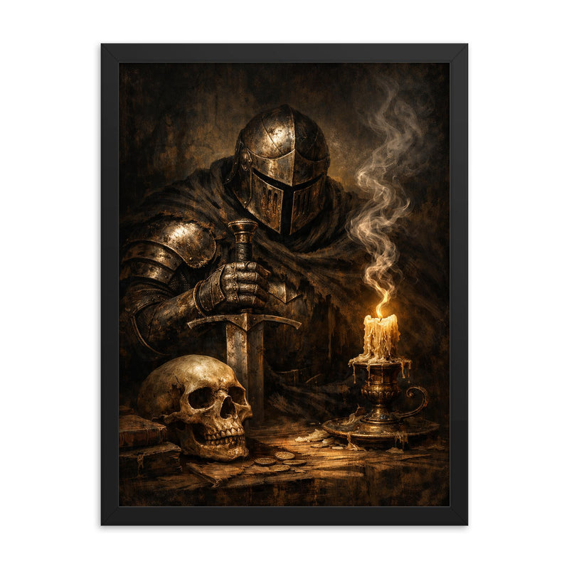 Memento mori knight beside extinguished candle framed print on a plain backdrop in size 18