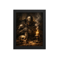 Memento mori knight beside extinguished candle framed print on a plain backdrop in size 8"x10".