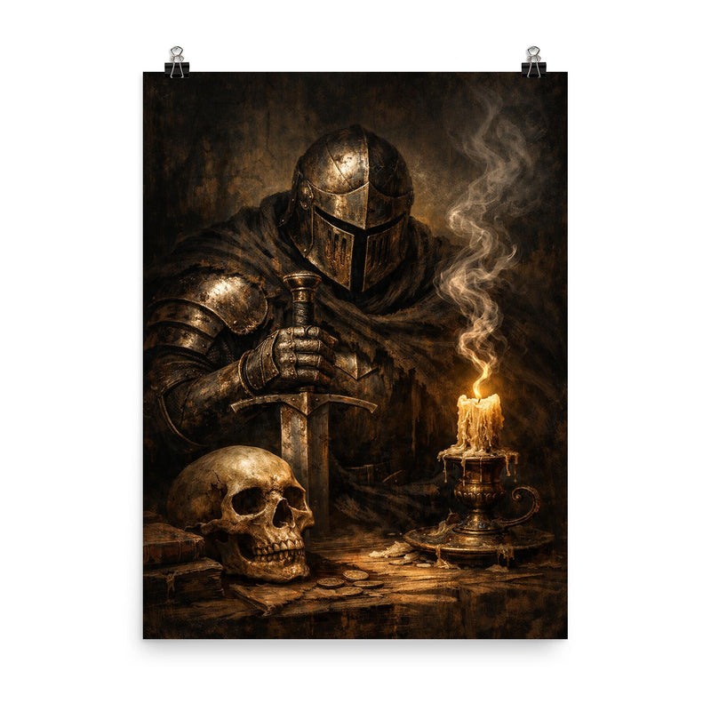 Memento mori knight beside extinguished candle poster on a plain backdrop in size 8