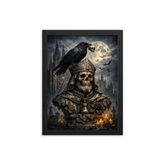 Memento mori raven atop cathedral bust framed print on a plain backdrop in size 12"x16".