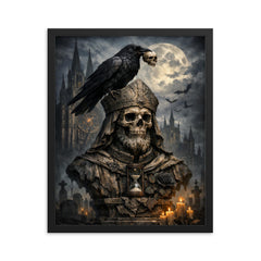 Memento mori raven atop cathedral bust framed print on a plain backdrop in size 16"x20".