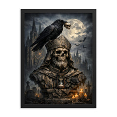 Memento mori raven atop cathedral bust framed print on a plain backdrop in size 18"x24".