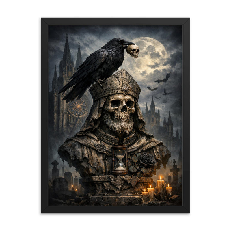 Memento mori raven atop cathedral bust framed print on a plain backdrop in size 18