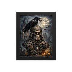 Memento mori raven atop cathedral bust framed print on a plain backdrop in size 8"x10".