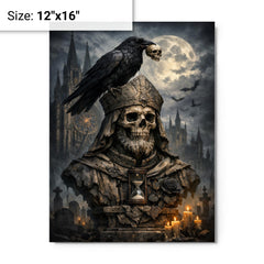 Memento mori raven atop cathedral bust metal print on a plain backdrop in size 12"x16".
