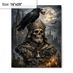 Memento mori raven atop cathedral bust metal print on a plain backdrop in size 16"x20".