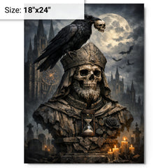 Memento mori raven atop cathedral bust metal print on a plain backdrop in size 18"x24".