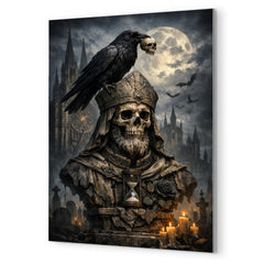 Memento mori raven atop cathedral bust metal print mockup