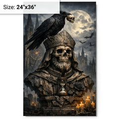 Memento mori raven atop cathedral bust metal print on a plain backdrop in size 24"x36".