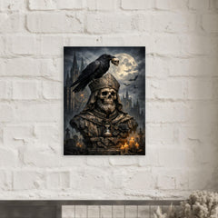 Memento mori raven atop cathedral bust metal print mockup