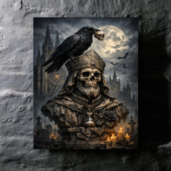 Memento mori raven atop cathedral bust metal print mockup