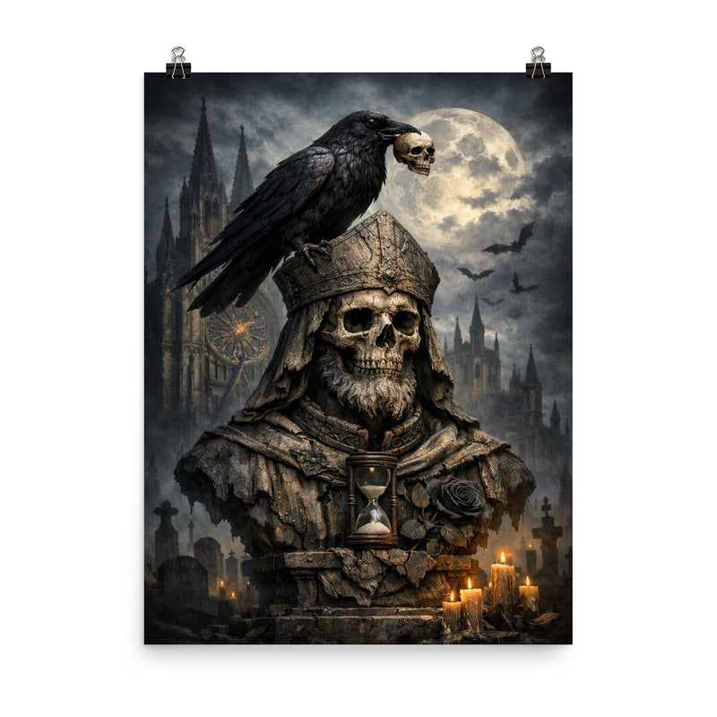 Memento mori raven atop cathedral bust poster on a plain backdrop in size 8