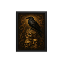 Memento mori raven on baroque skull stack framed print on a plain backdrop in size 12"x16".