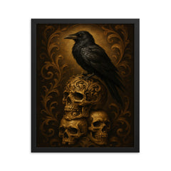 Memento mori raven on baroque skull stack framed print on a plain backdrop in size 16"x20".