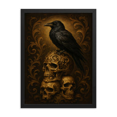Memento mori raven on baroque skull stack framed print on a plain backdrop in size 18"x24".