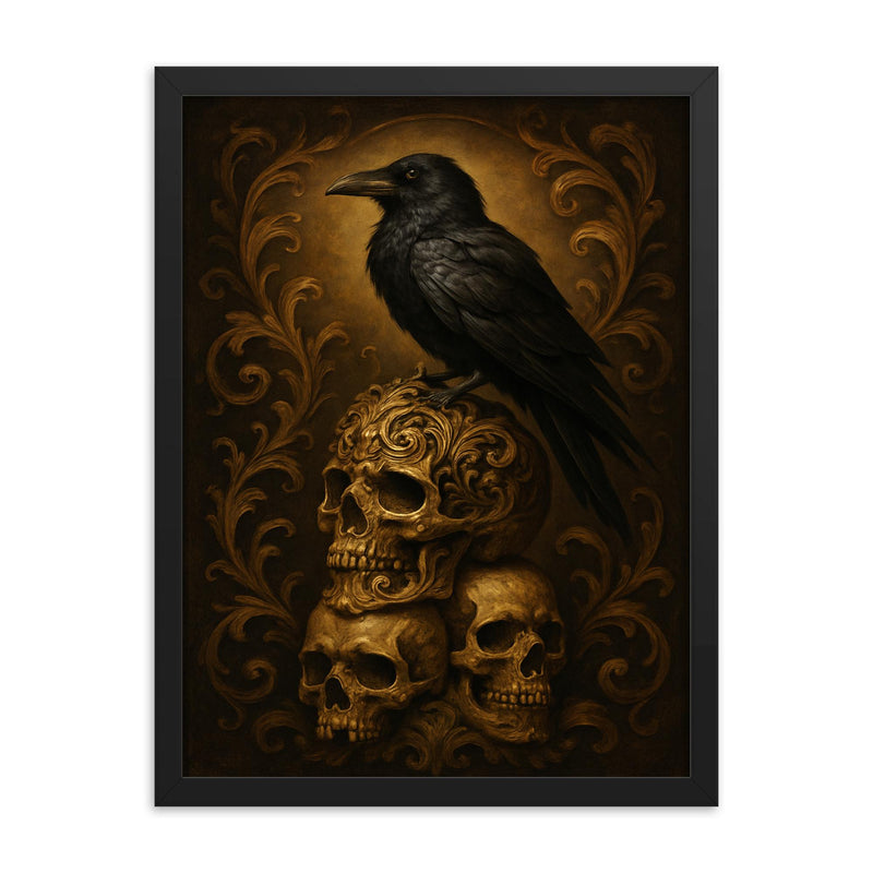 Memento mori raven on baroque skull stack framed print on a plain backdrop in size 18