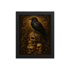 Memento mori raven on baroque skull stack framed print on a plain backdrop in size 8"x10".