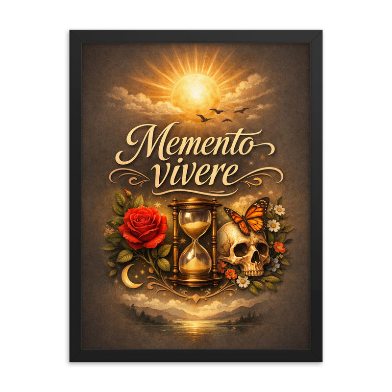 Memento vivere framed print on a plain backdrop in size 18