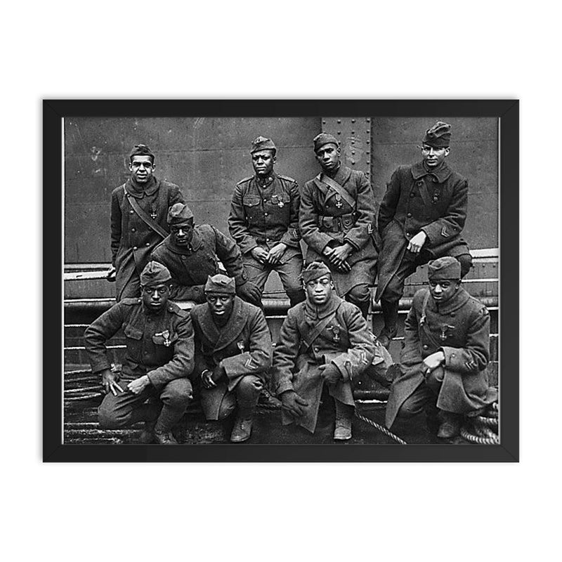 Men of the 369th Regiment (15th New York) Awarded Croix de Guerre for Gallantry in WWI, 1918 framed print on a plain backdrop in size 18