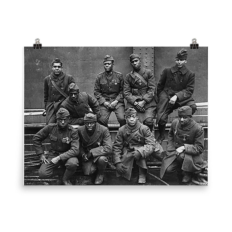 Men of the 369th Regiment (15th New York) Awarded Croix de Guerre for Gallantry in WWI, 1918 poster on a plain backdrop in size 8