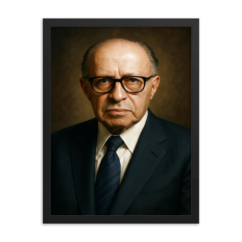 Menachem Begin portrait framed print on a plain backdrop in size 18