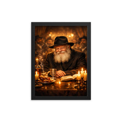 Menachem Mendel Schneerson at farbrengen table glow framed print on a plain backdrop in size 12"x16".