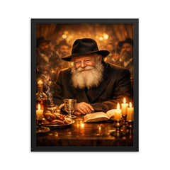 Menachem Mendel Schneerson at farbrengen table glow framed print on a plain backdrop in size 16"x20".