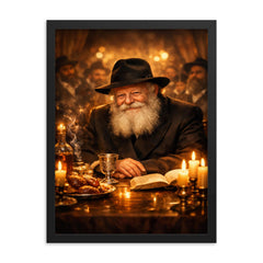 Menachem Mendel Schneerson at farbrengen table glow framed print on a plain backdrop in size 18"x24".