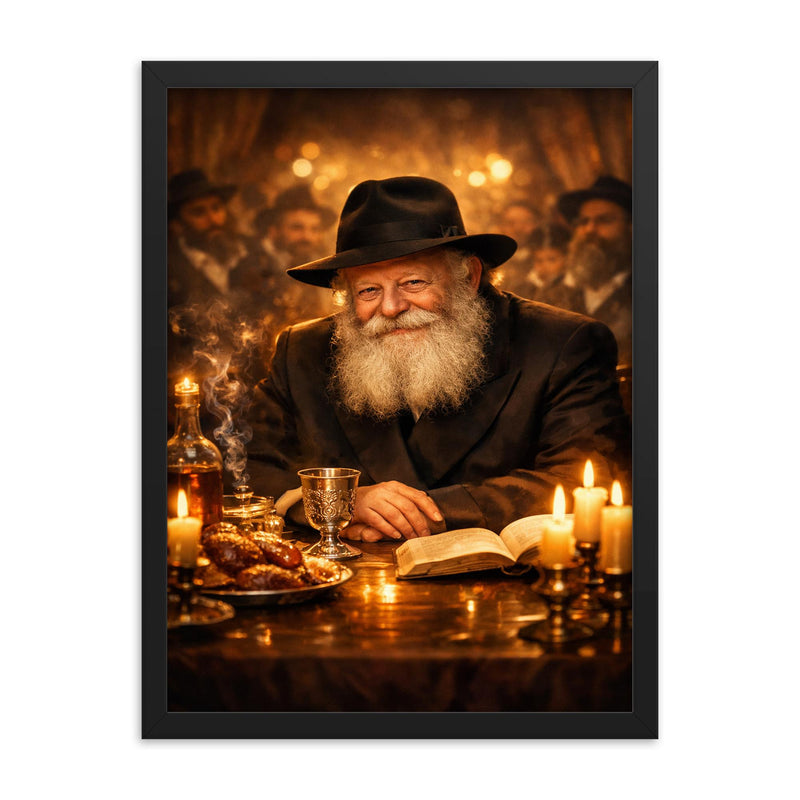 Menachem Mendel Schneerson at farbrengen table glow framed print on a plain backdrop in size 18