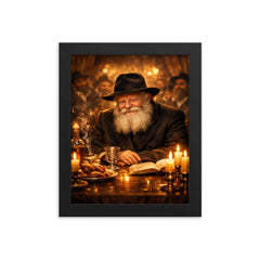 Menachem Mendel Schneerson at farbrengen table glow framed print on a plain backdrop in size 8"x10".
