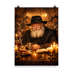 Menachem Mendel Schneerson at farbrengen table glow poster on a plain backdrop in size 8"x10".