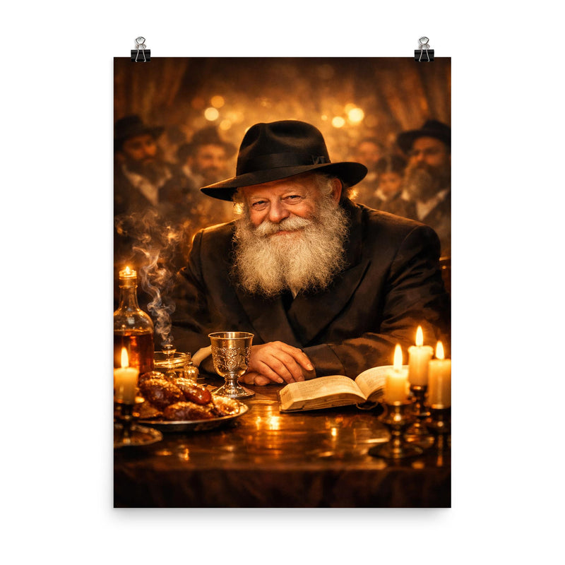 Menachem Mendel Schneerson at farbrengen table glow poster on a plain backdrop in size 8