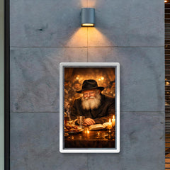 Menachem Mendel Schneerson at farbrengen table glow poster 2
