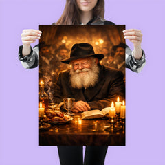 Menachem Mendel Schneerson at farbrengen table glow poster 3