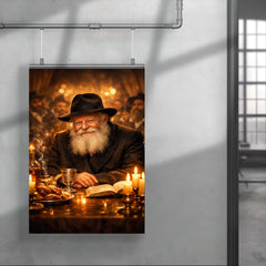 Menachem Mendel Schneerson at farbrengen table glow poster 4