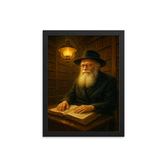 Menachem Mendel Schneerson in luminous library framed print on a plain backdrop in size 12"x16".