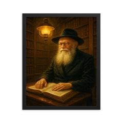Menachem Mendel Schneerson in luminous library framed print on a plain backdrop in size 16"x20".