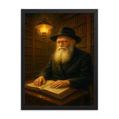 Menachem Mendel Schneerson in luminous library framed print on a plain backdrop in size 18"x24".