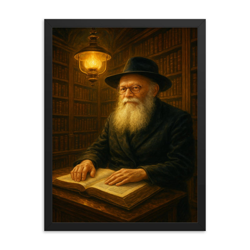 Menachem Mendel Schneerson in luminous library framed print on a plain backdrop in size 18