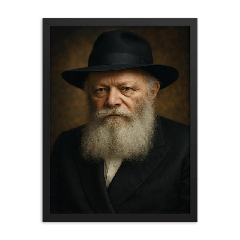 Menachem Mendel Schneerson portrait framed print on a plain backdrop in size 18