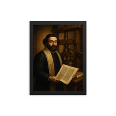 Menasseh ben Israel before Hebrew printing press framed print on a plain backdrop in size 12"x16".