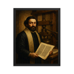 Menasseh ben Israel before Hebrew printing press framed print on a plain backdrop in size 16"x20".
