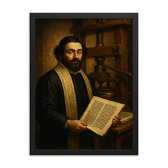 Menasseh ben Israel before Hebrew printing press framed print on a plain backdrop in size 18"x24".