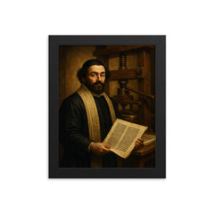 Menasseh ben Israel before Hebrew printing press framed print on a plain backdrop in size 8"x10".