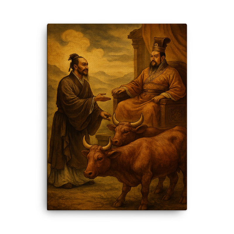 Mencius before a king with oxen canvas print on a plain backdrop in size 18