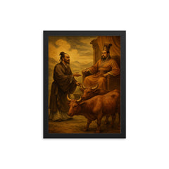Mencius before a king with oxen framed print on a plain backdrop in size 12"x16".