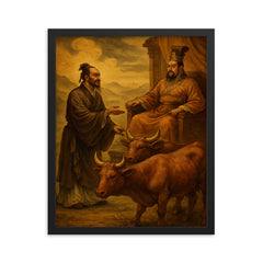 Mencius before a king with oxen framed print on a plain backdrop in size 16"x20".