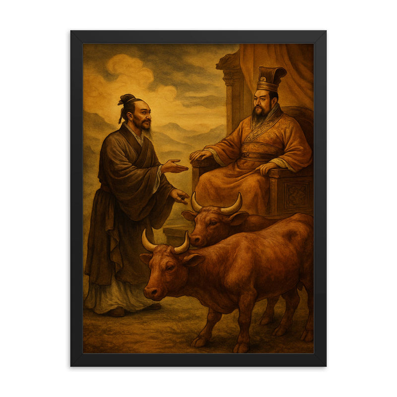 Mencius before a king with oxen framed print on a plain backdrop in size 18