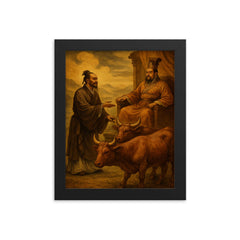 Mencius before a king with oxen framed print on a plain backdrop in size 8"x10".